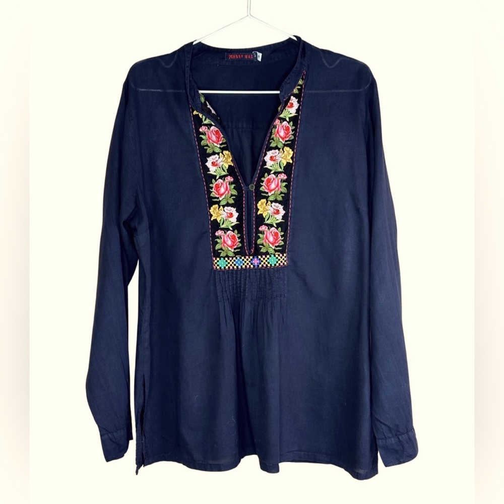 Johnny Was Navy Blue Beautifully Embroidered Lightweight Long Sleeve Tunic.